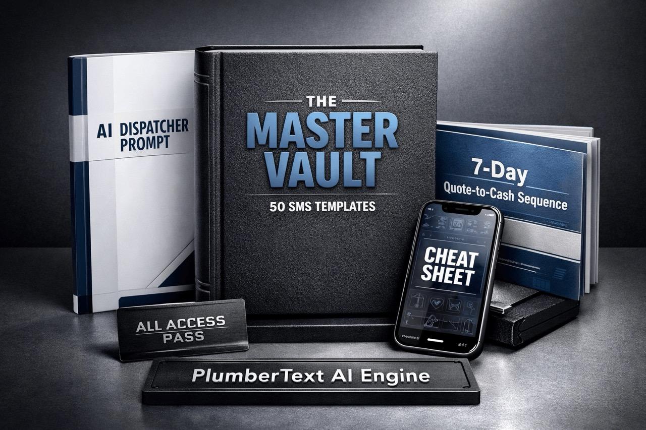 PlumberText AI Engine - SMS template vault for Australian plumbers including Master Vault, AI Dispatcher Prompt, and 7-day Quote-to-Cash workflow