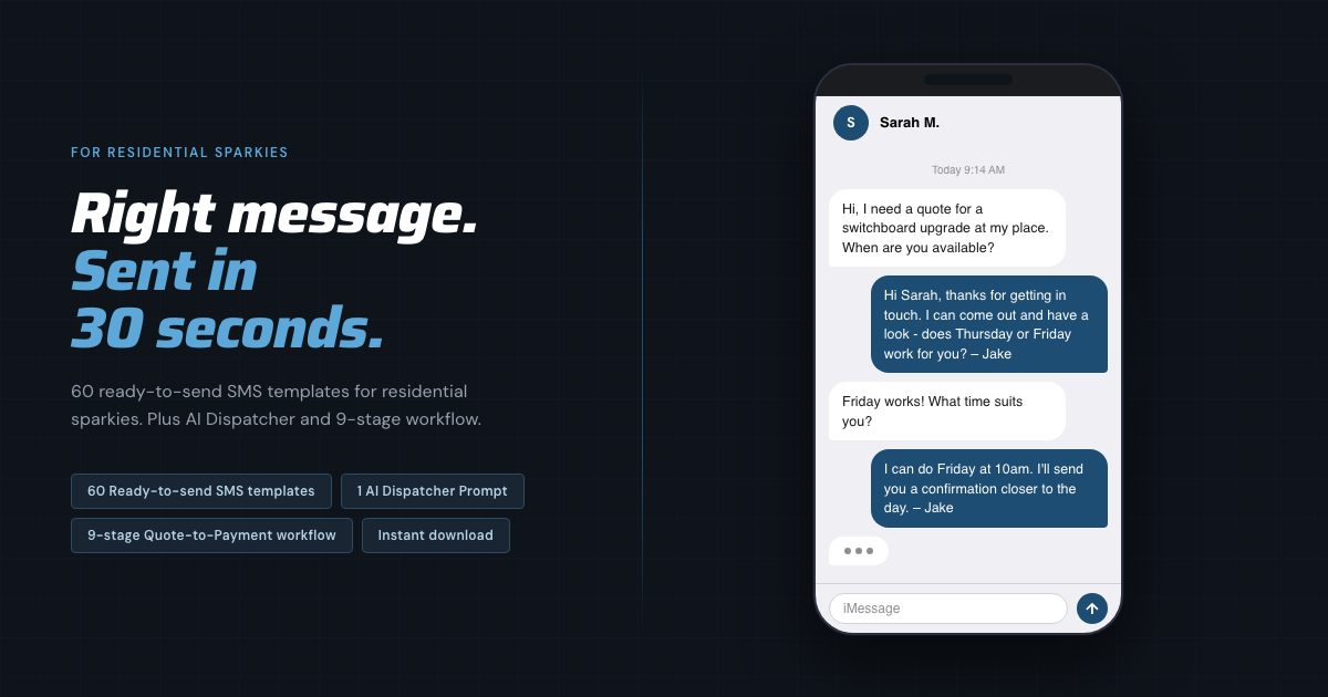 SparkText AI Engine - SMS template vault for Australian residential electricians including 73 templates, AI Dispatcher Prompt, and 9-stage Quote-to-Payment workflow